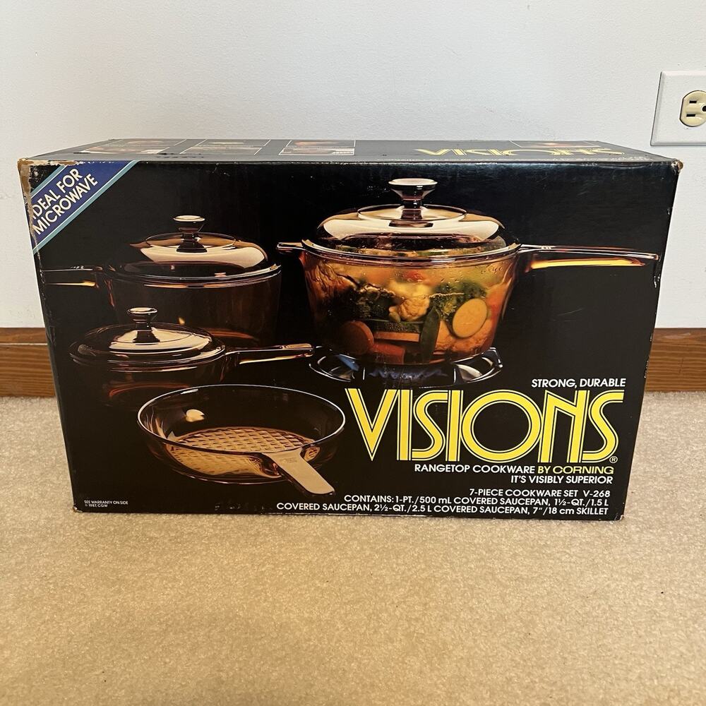 Vintage 1987 Corning Visions Amber Glass 7pc Cookware Set V-268 New Sealed Box